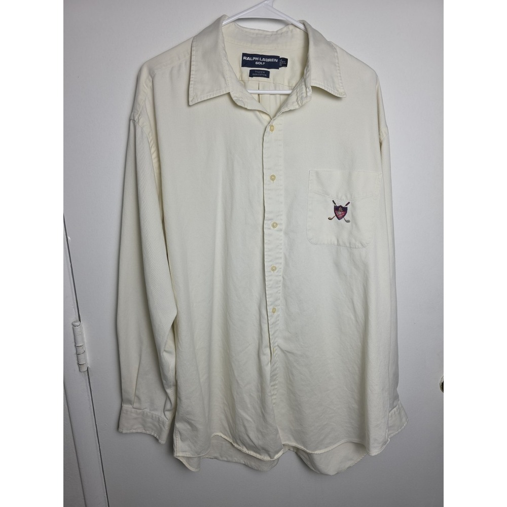 Ralph Lauren Golf Tilden Cotton Button Down Off White Long Slv Shirt Size XL